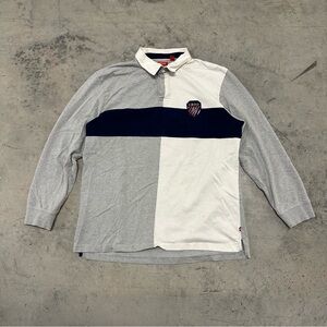 VTG IZOD Mens Long Sleeve Rugby Shirt Navy Cream Stripe Crest Logo XL Crest